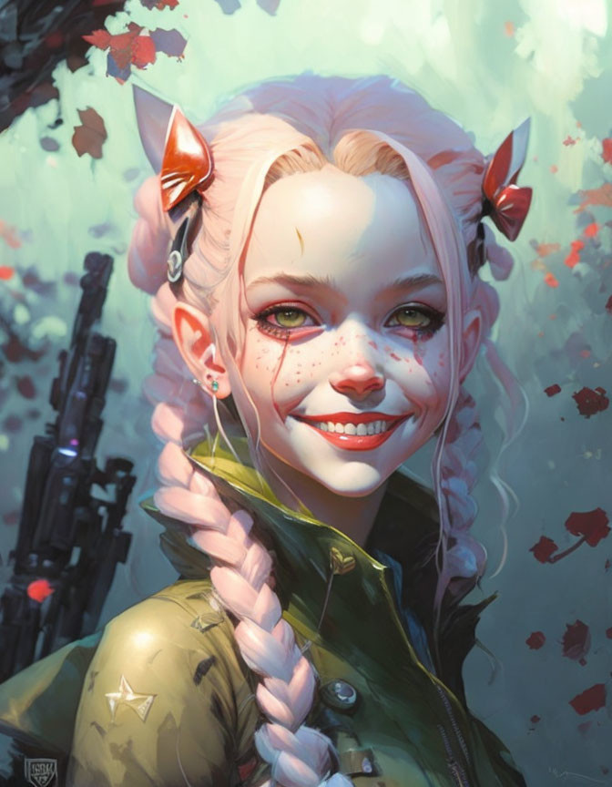 Elf-eared girl with braided hair in green jacket poses with rifle in background