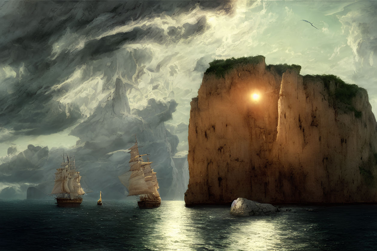 Tall ships near cliff with cave under dramatic sky