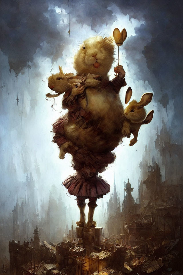 Whimsical giant fluffy rabbit with heart balloon and bunnies on pillar in rainy cityscape