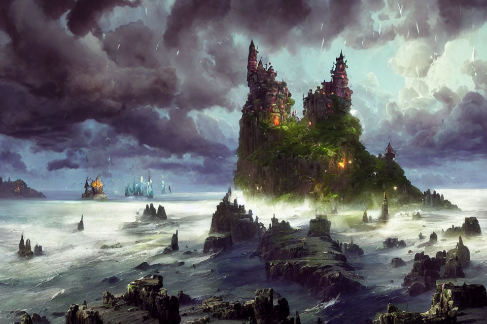 Majestic castle on hill by turbulent sea with approaching ships