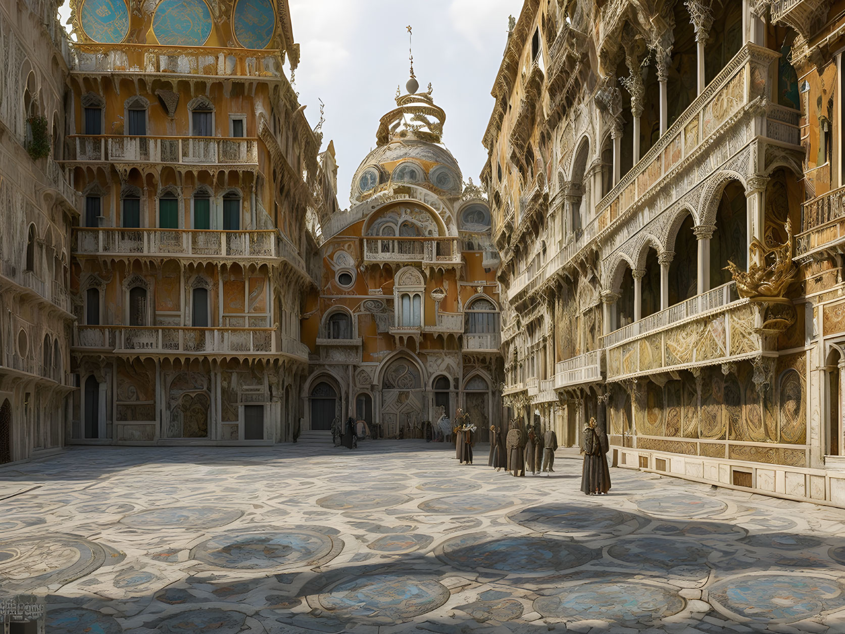 Elaborate Renaissance courtyard with patterned floors and period costumes