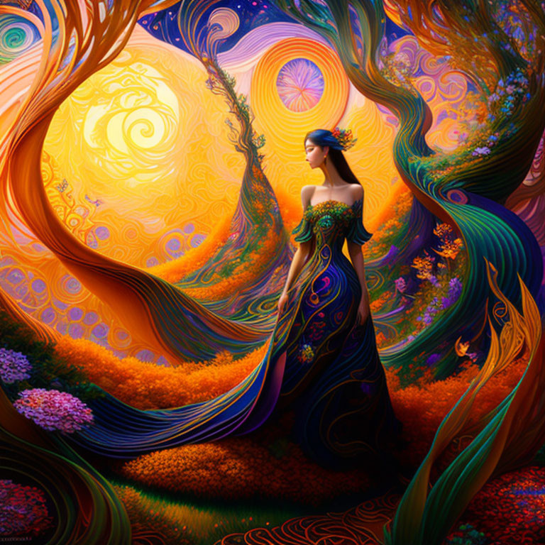 Woman in ornate dress surrounded by vibrant swirling colors