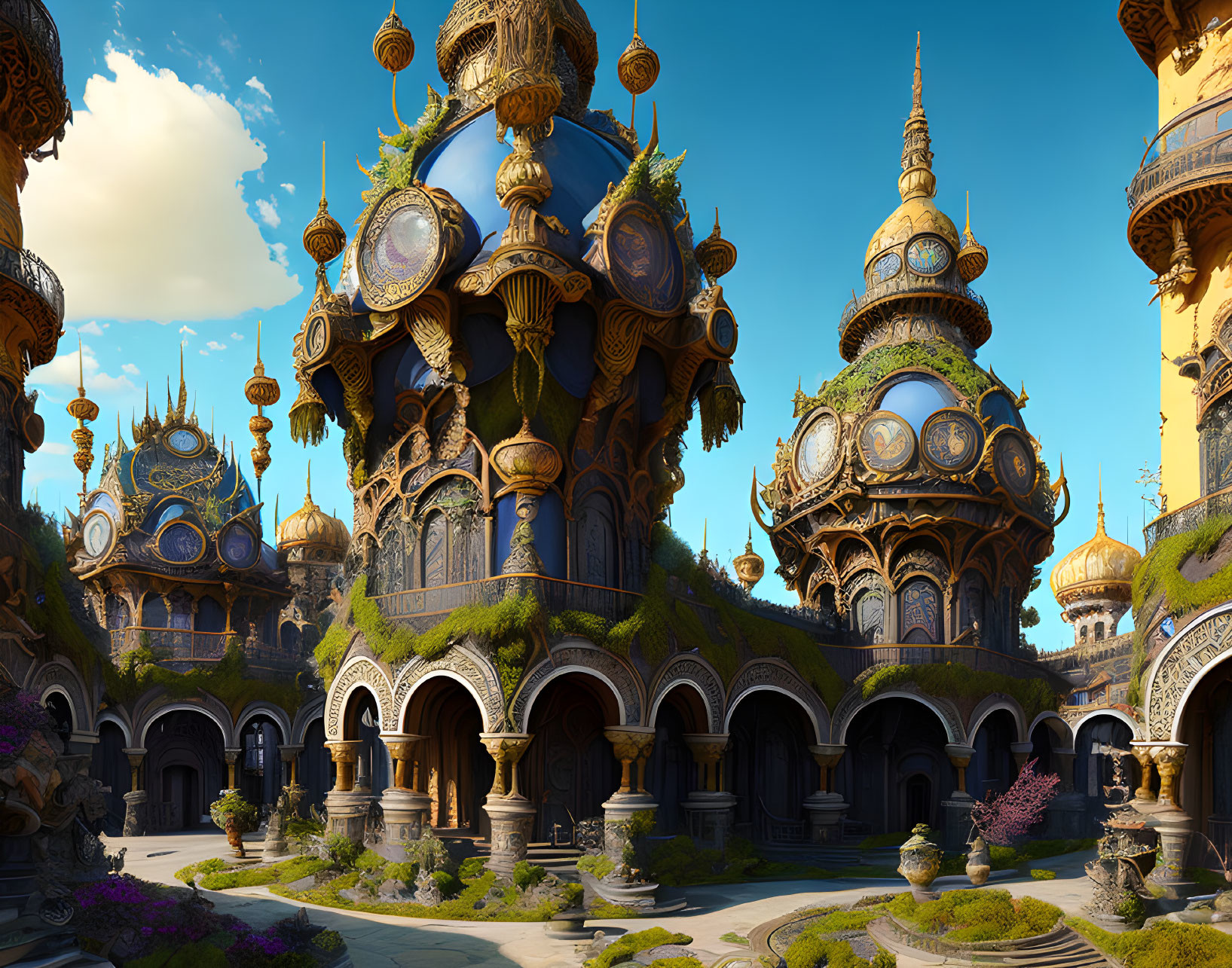 Fantasy castle with golden domes and lush greenery against blue sky