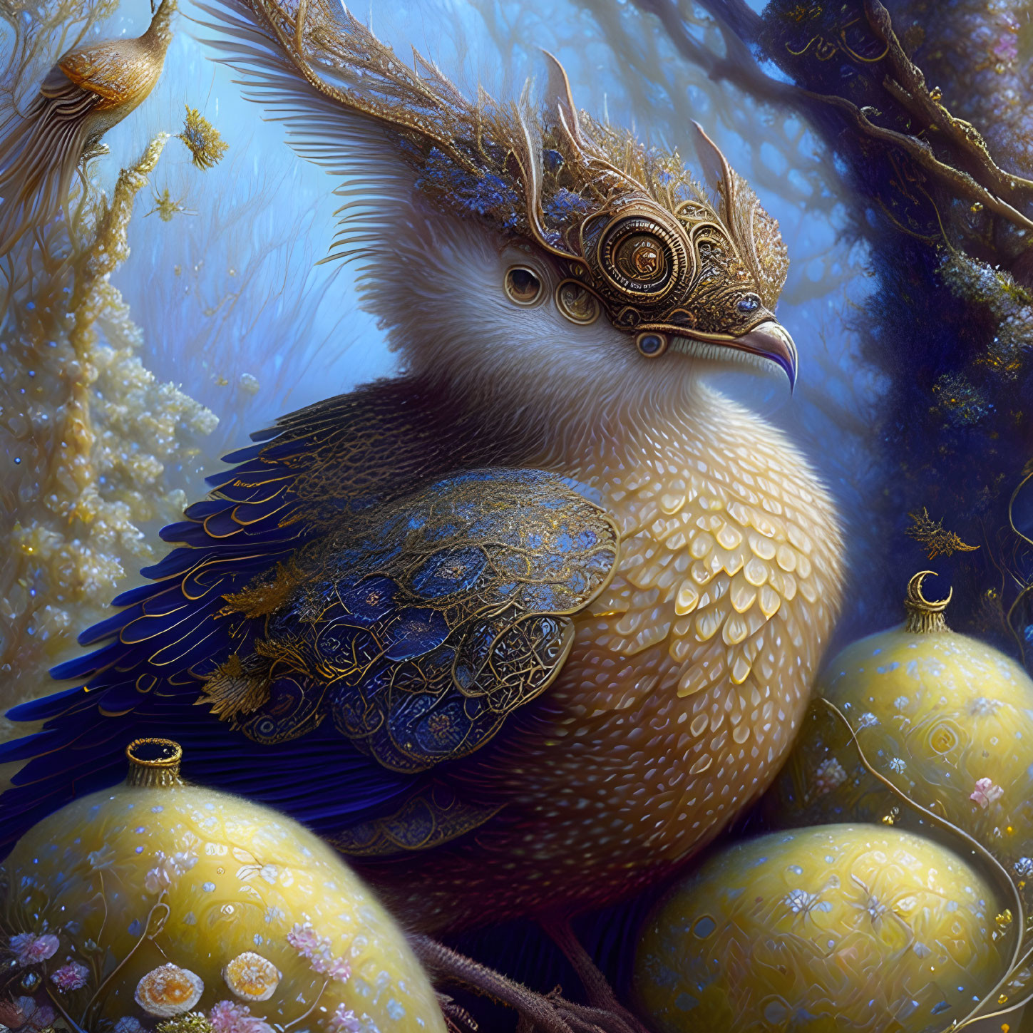 Ornate jeweled bird with mechanical eye in blue and golden fantasy forest