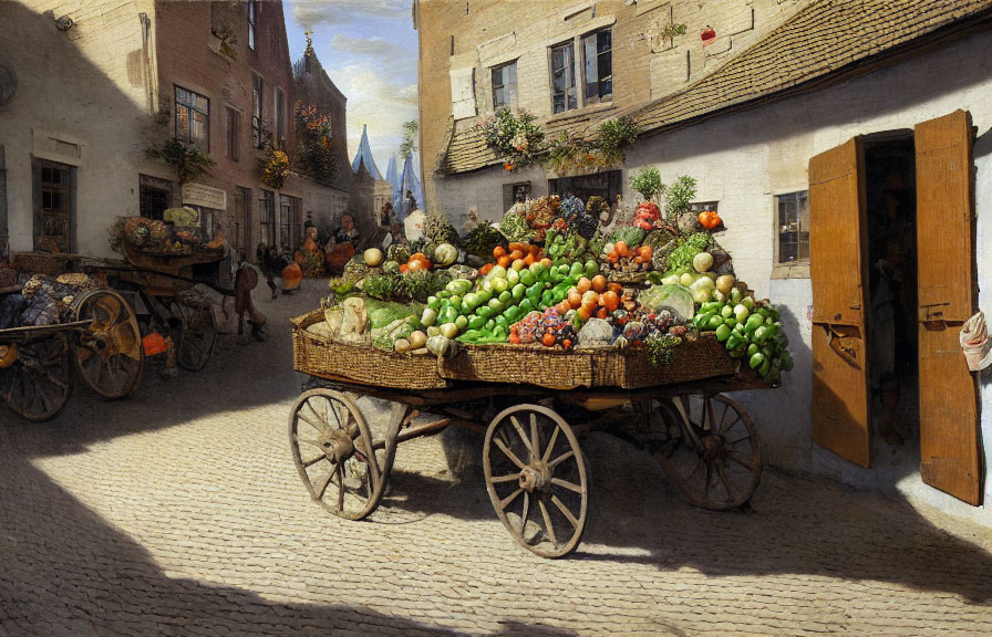 Vibrant fruits and vegetables on bustling European street scene