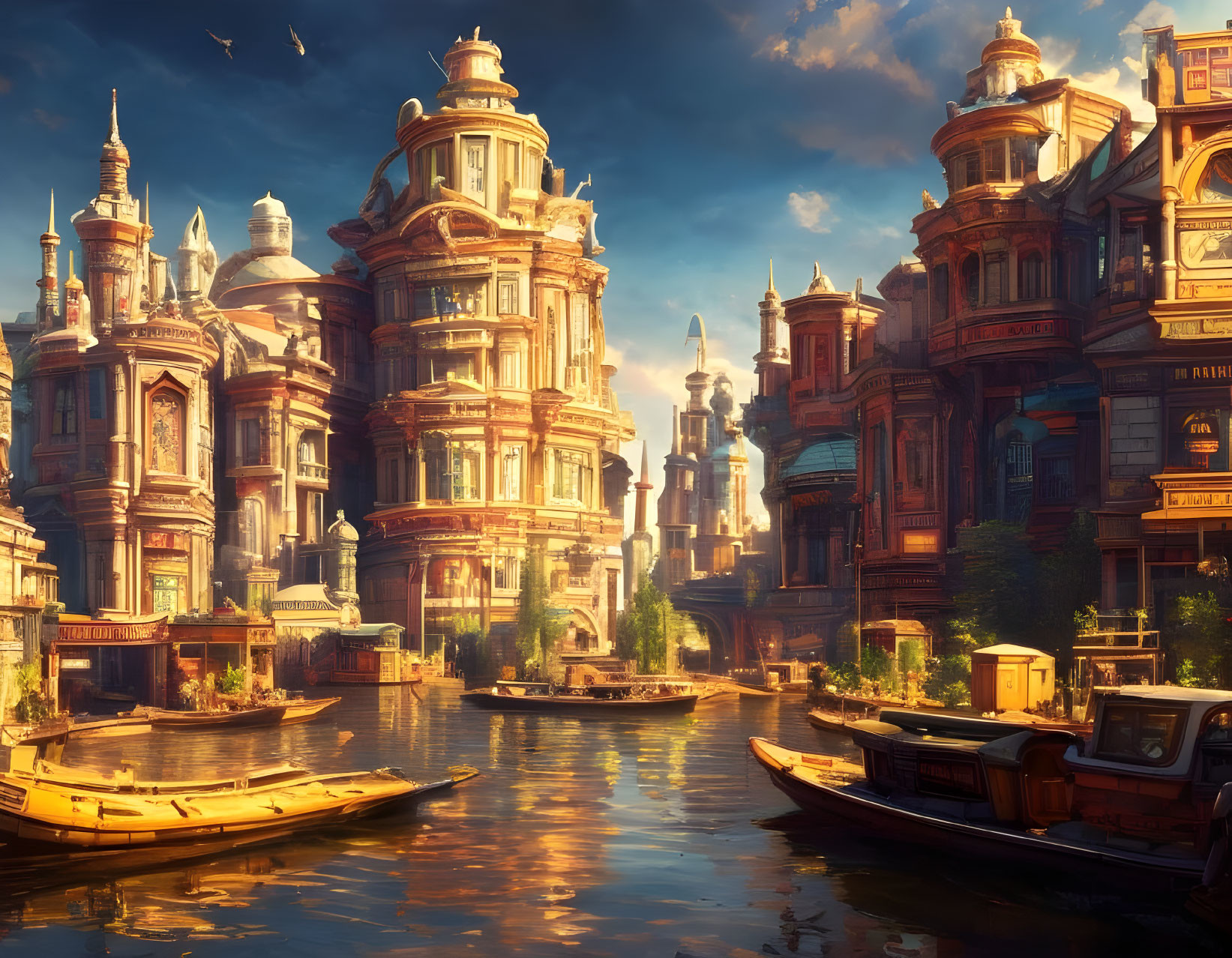 Fantastical cityscape with ornate buildings by calm waters