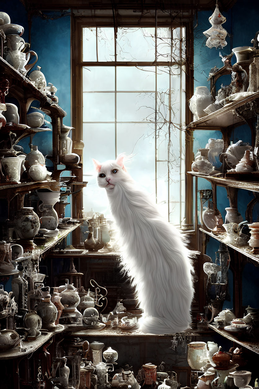 White Long-Haired Cat in Antique Shop with Pottery Display