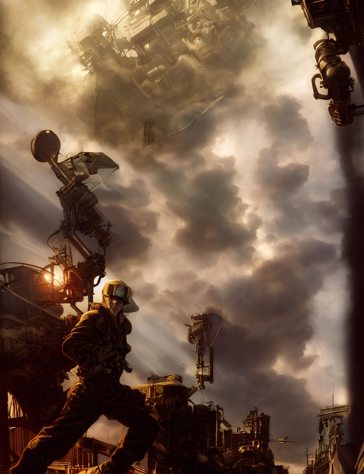 Person in protective gear amidst industrial structures under dramatic sky with cables and lights.