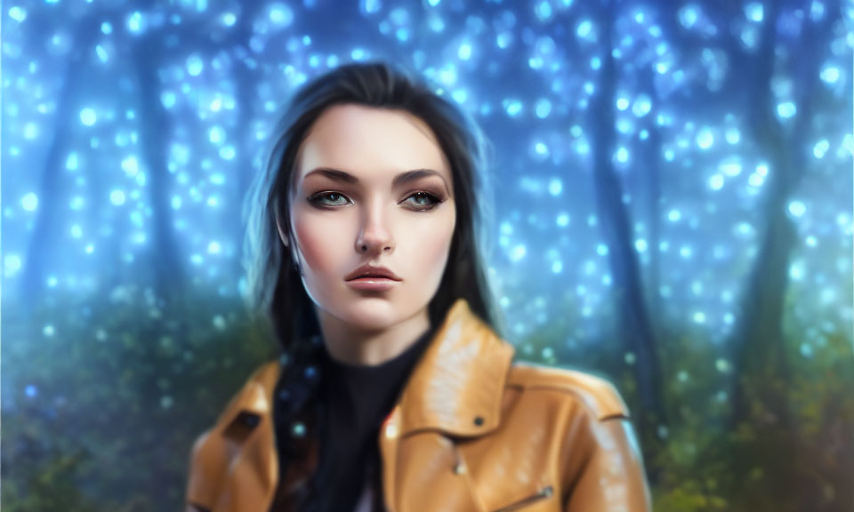 Striking woman in digital portrait in mystical forest with blue lights