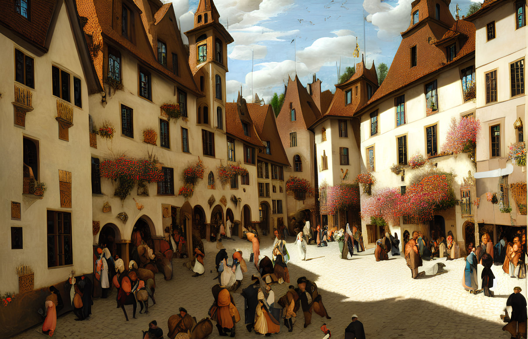 Medieval town square with people in period attire and half-timbered houses.