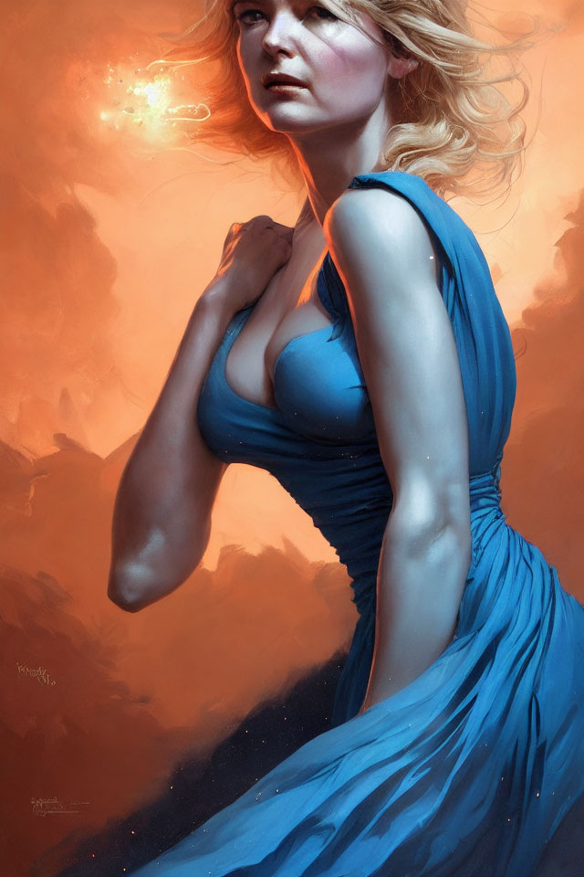 Blonde Woman in Blue Dress with Soft Glow Portrait