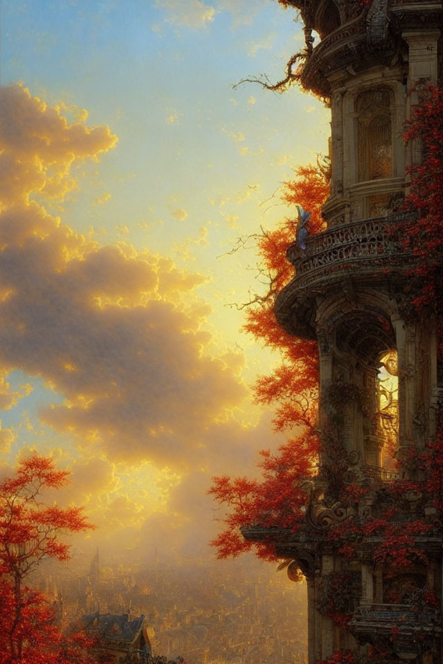 Ornate balcony with red foliage overlooking cityscape at sunset