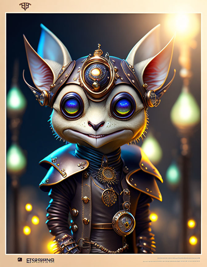 Steampunk-inspired anthropomorphic cat with glowing blue eyes and metal gear accessories