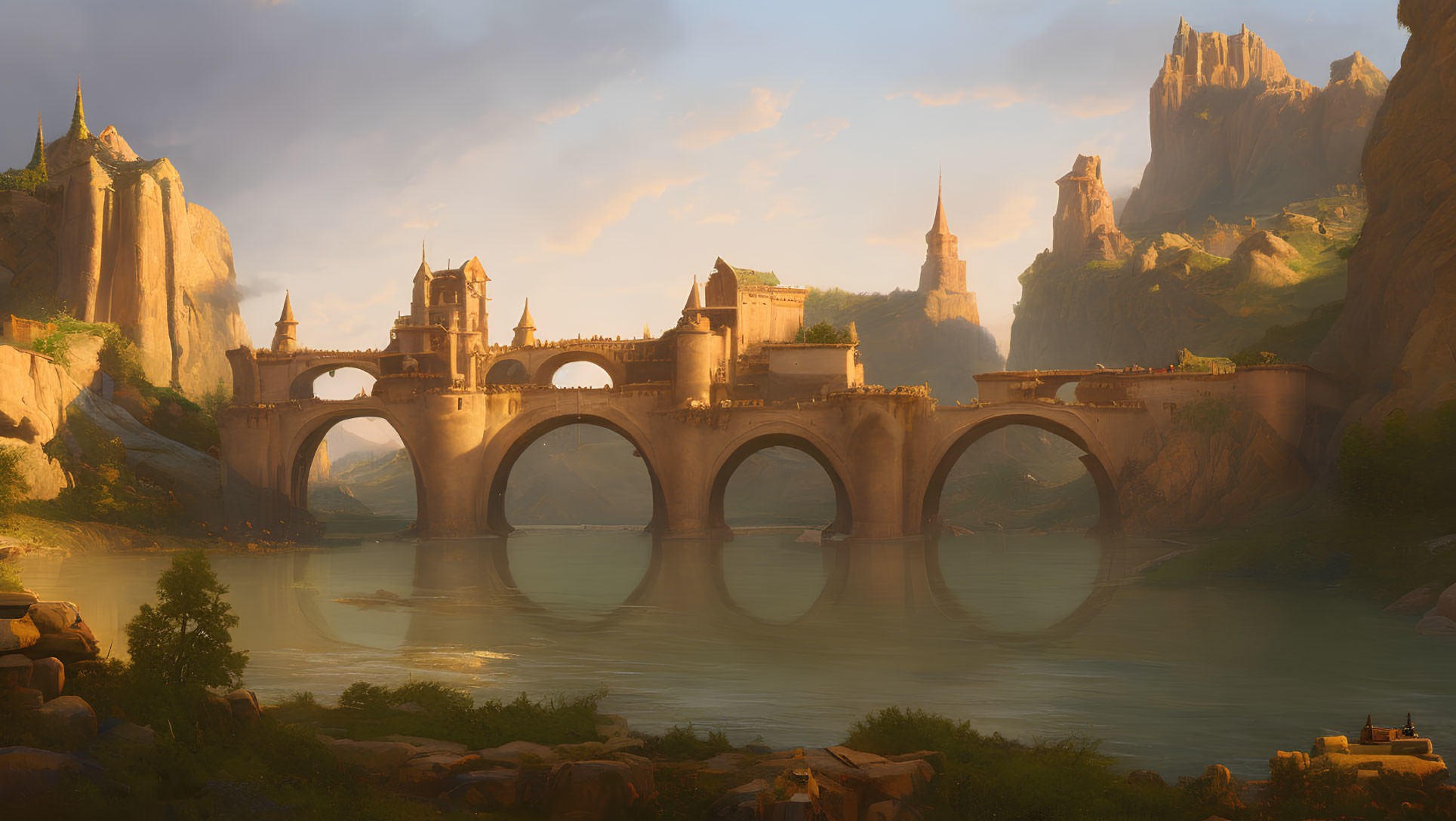 Majestic fantasy landscape with bridge, towers, castle, and cliffs