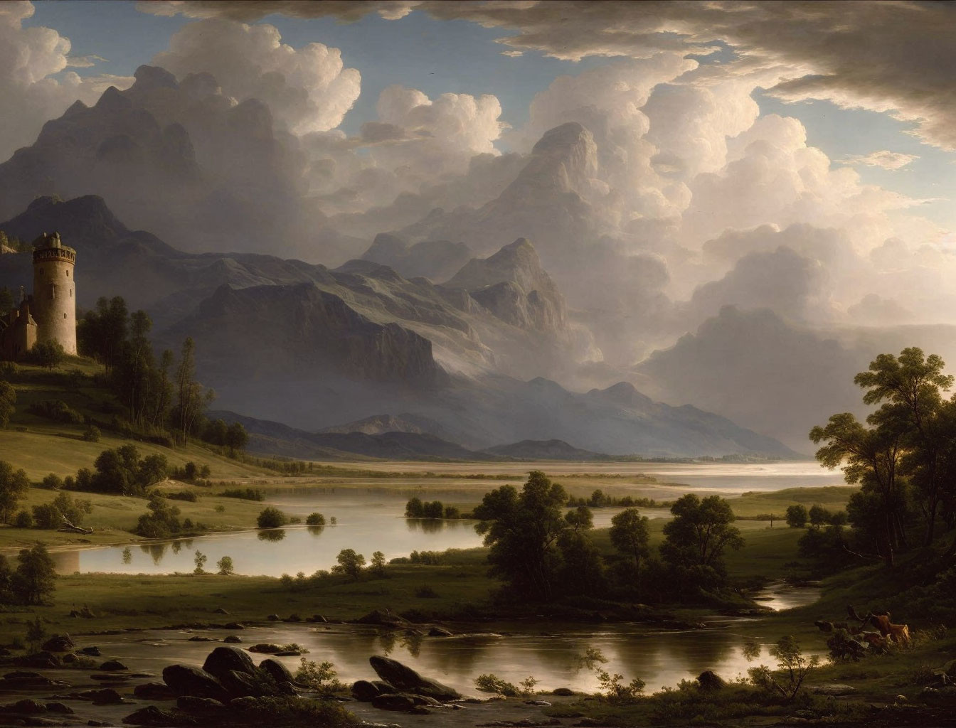 Scenic landscape painting: castle, mountains, river, cloudy sky