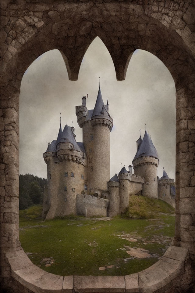 Medieval castle with multiple turrets framed by arched stone window