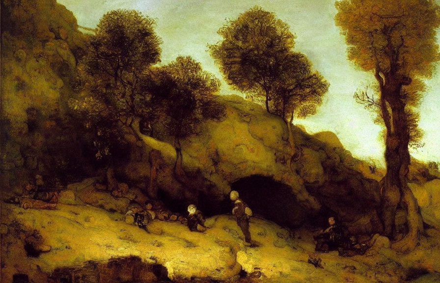 Rocky terrain with trees, cave, figures in period clothing