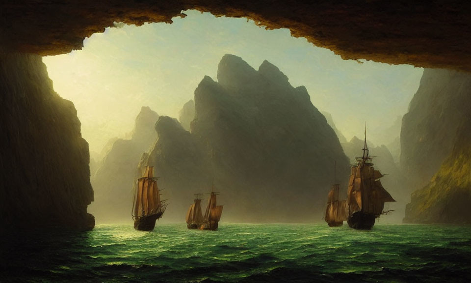 Cave opening overlooking tranquil sea with old sailing ships and towering cliffs