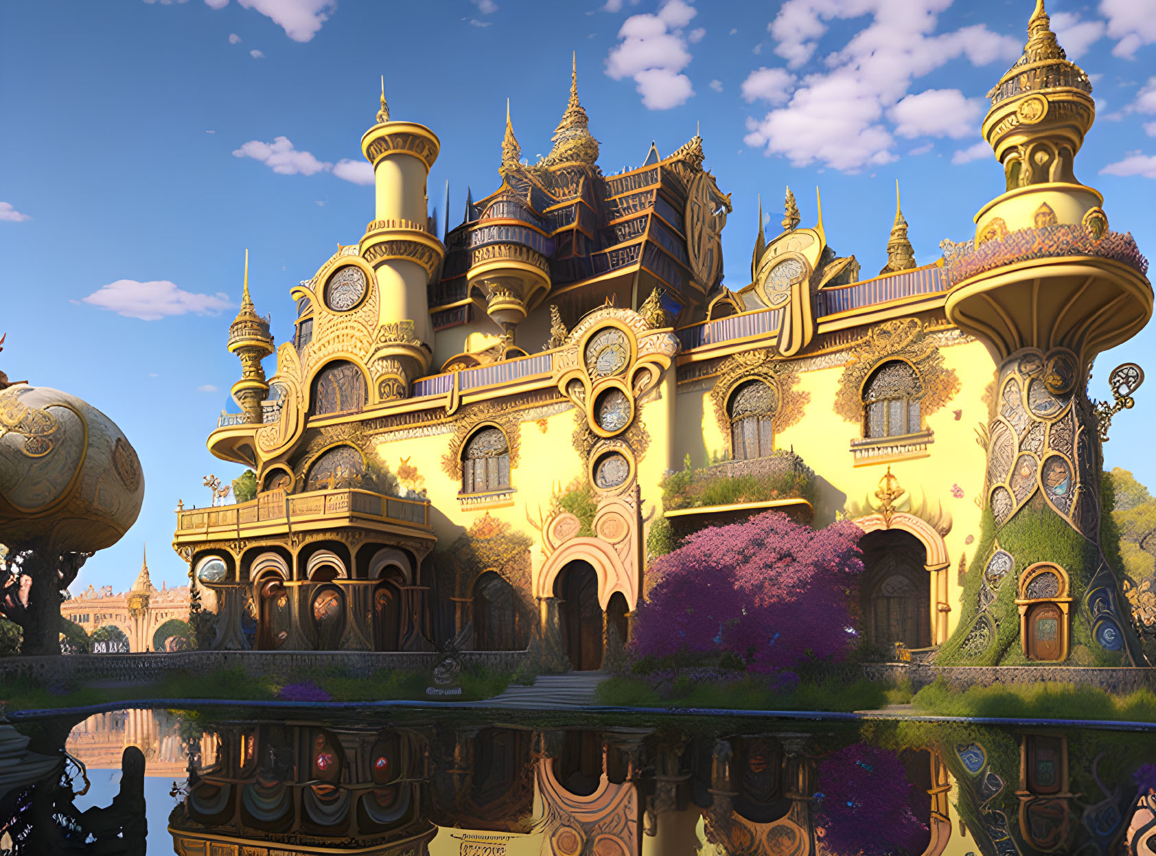 Golden palace with ornate towers and domes in serene landscape