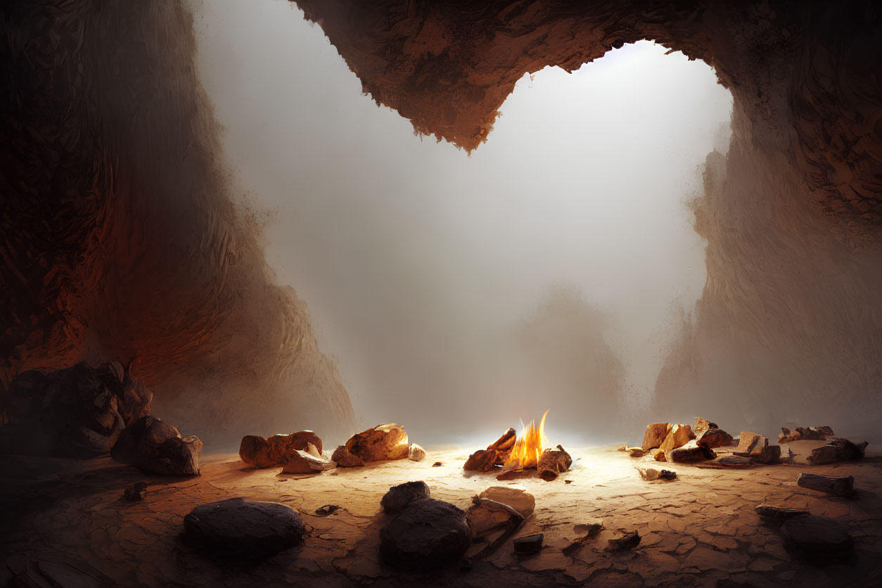 Dimly Lit Cave with Heart-Shaped Opening and Glowing Campfire