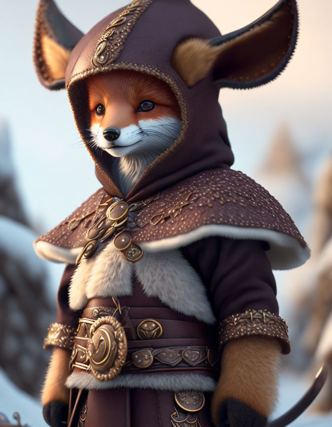 Medieval-style armored fox with intricate design and hooded cape in natural setting