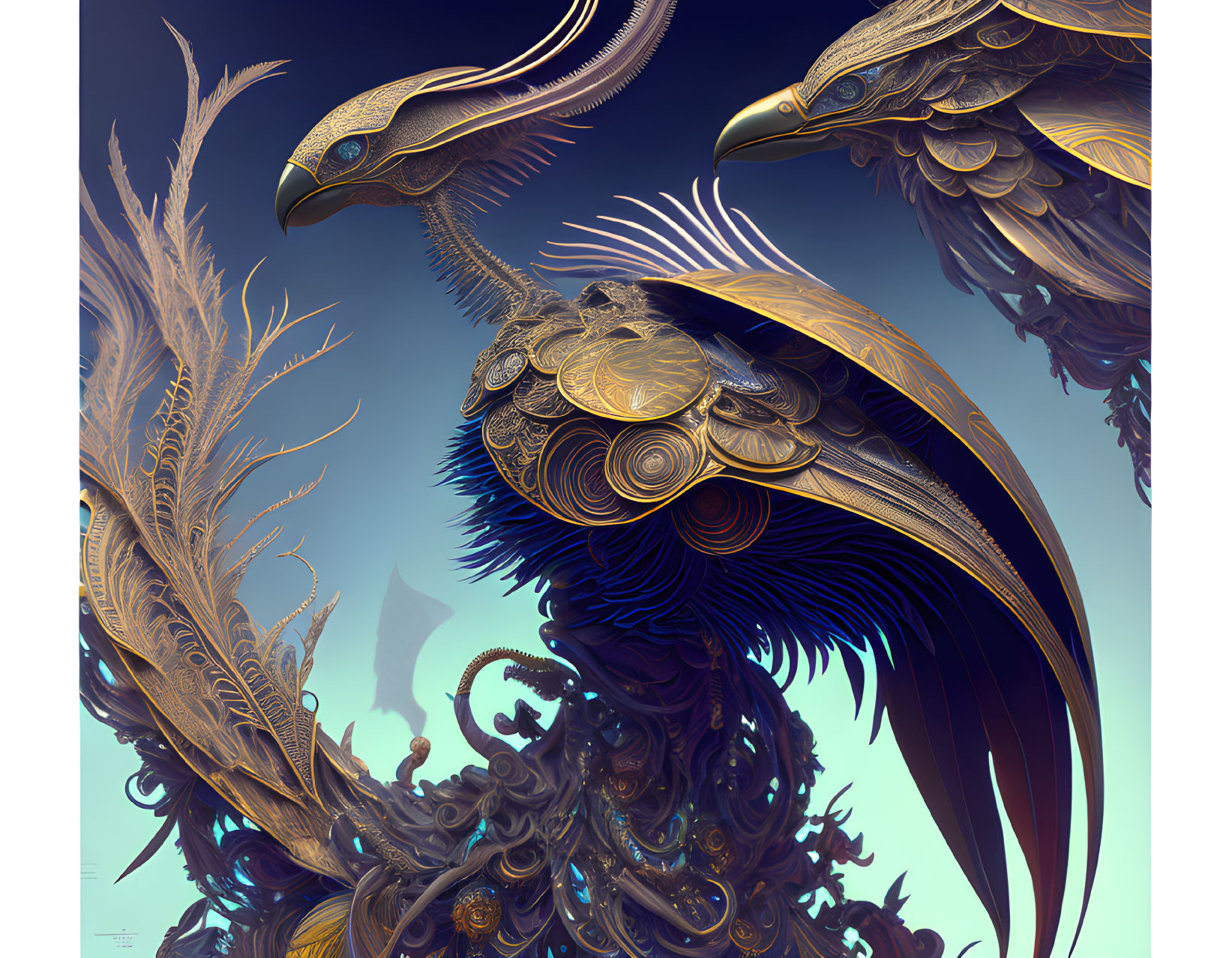 Stylized ornate birds with metallic accents on soft blue backdrop