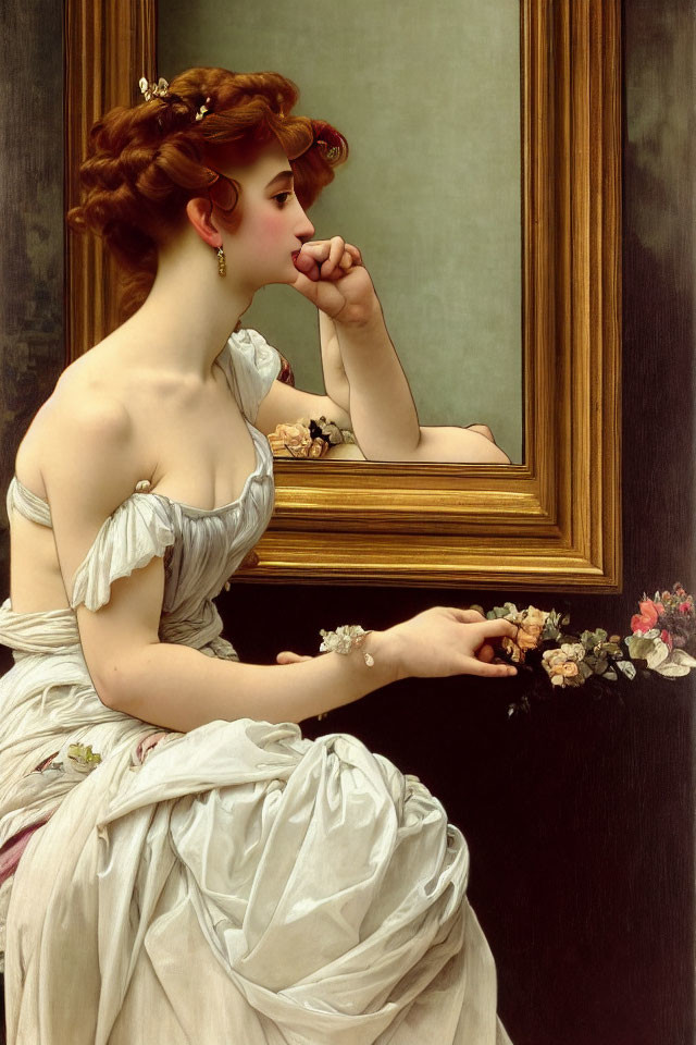 Classic painting of pensive woman in white dress with mirror reflection and flowers.