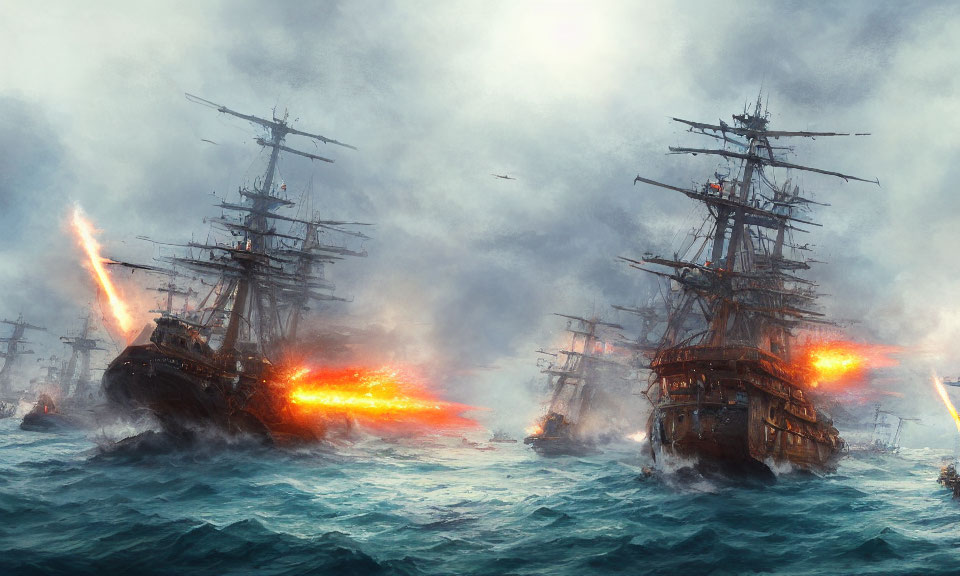 Historic naval battle scene with sailing ships in turbulent ocean.