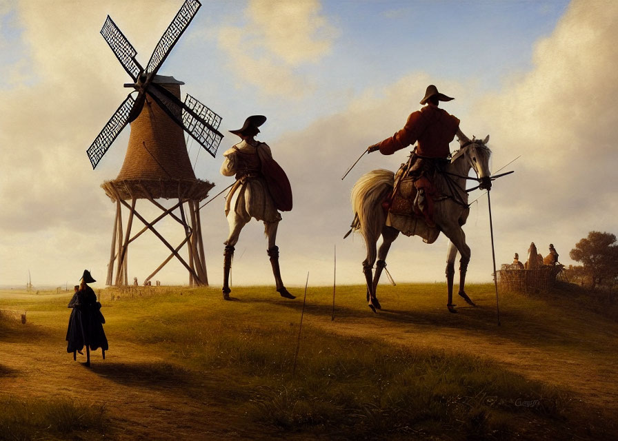 Rural landscape painting with figures near windmill