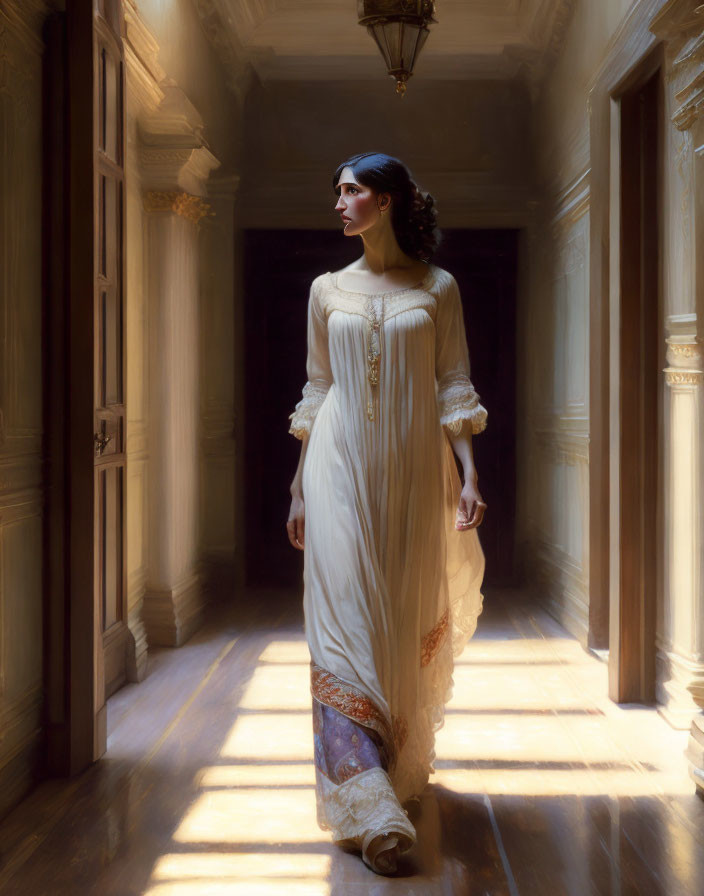 Vintage White Dress Woman Stands in Sunlit Corridor