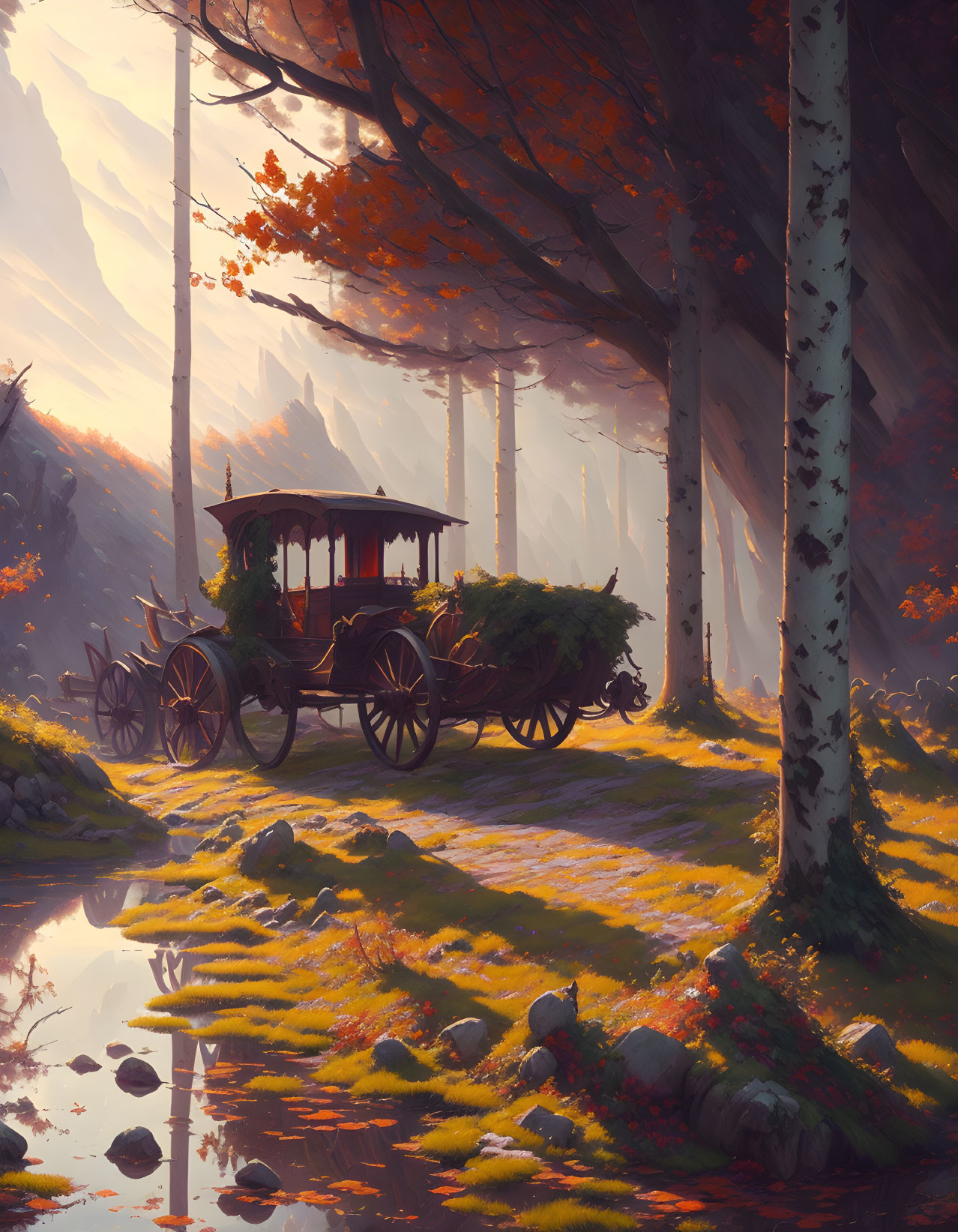 Rustic wooden cart with hay under autumn trees in misty forest
