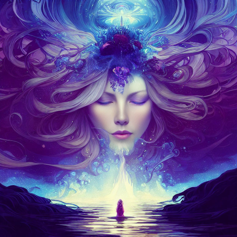 Surreal illustration of woman with flowing hair and flower crown above reflective water body