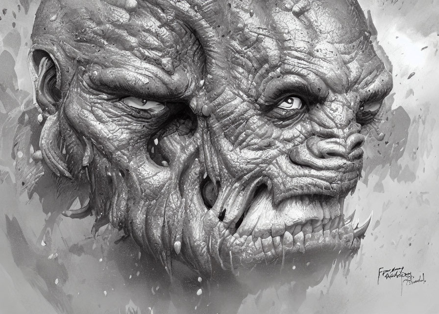 Detailed black and white illustration of monstrous face with textured skin, multiple eyes, and sharp teeth