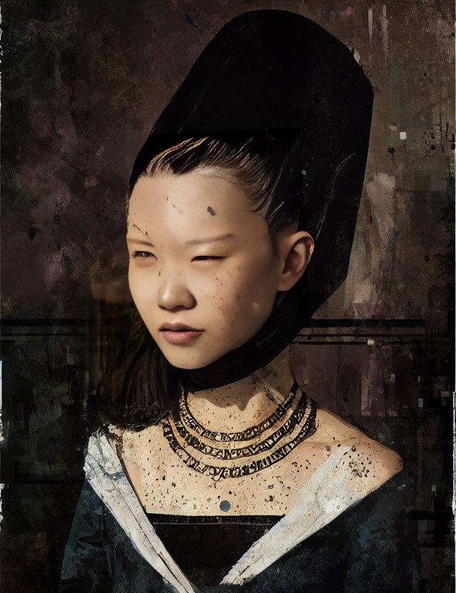 Asian woman portrait with black headdress on textured background