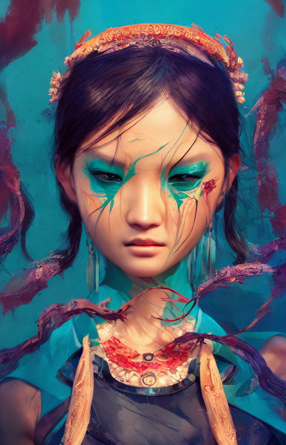 Vibrant digital artwork of a woman with turquoise eye makeup and red accents, surrounded by abstract feather