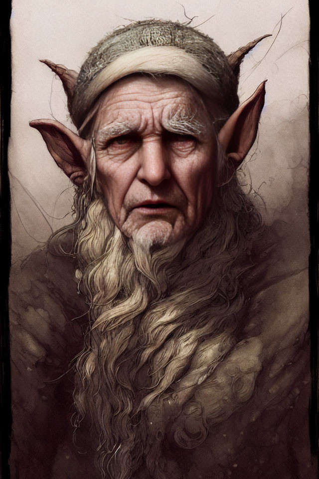 Elderly fantasy character with pointed ears and long white beard