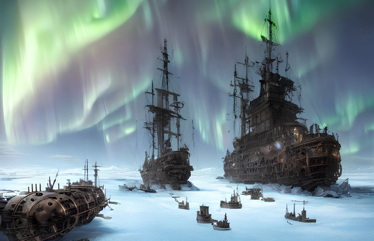 Historic sailing ships and a submarine frozen in ice under a colorful night sky.