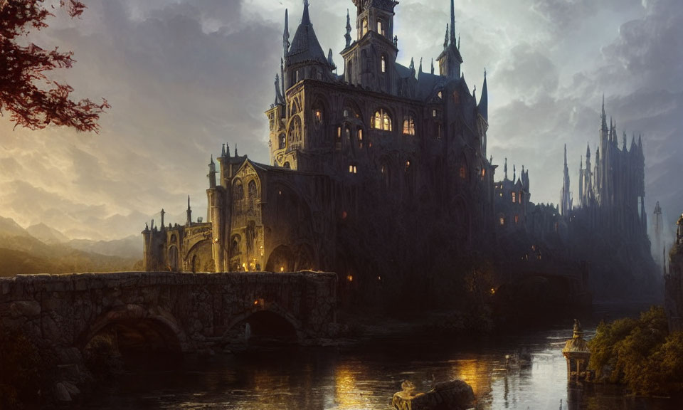 Gothic castle at twilight with spires, arched bridge, and mystical landscape.