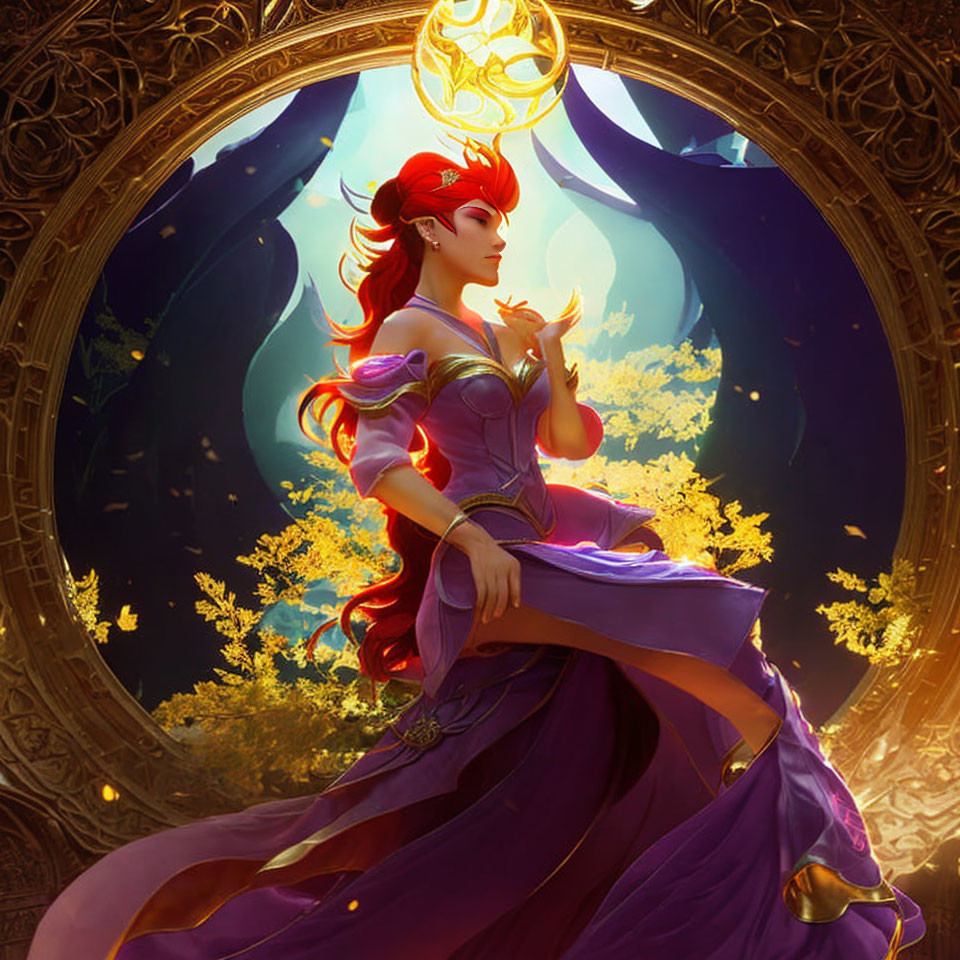 Fantasy illustration of woman with red hair in purple garments by golden mirror in enchanted forest