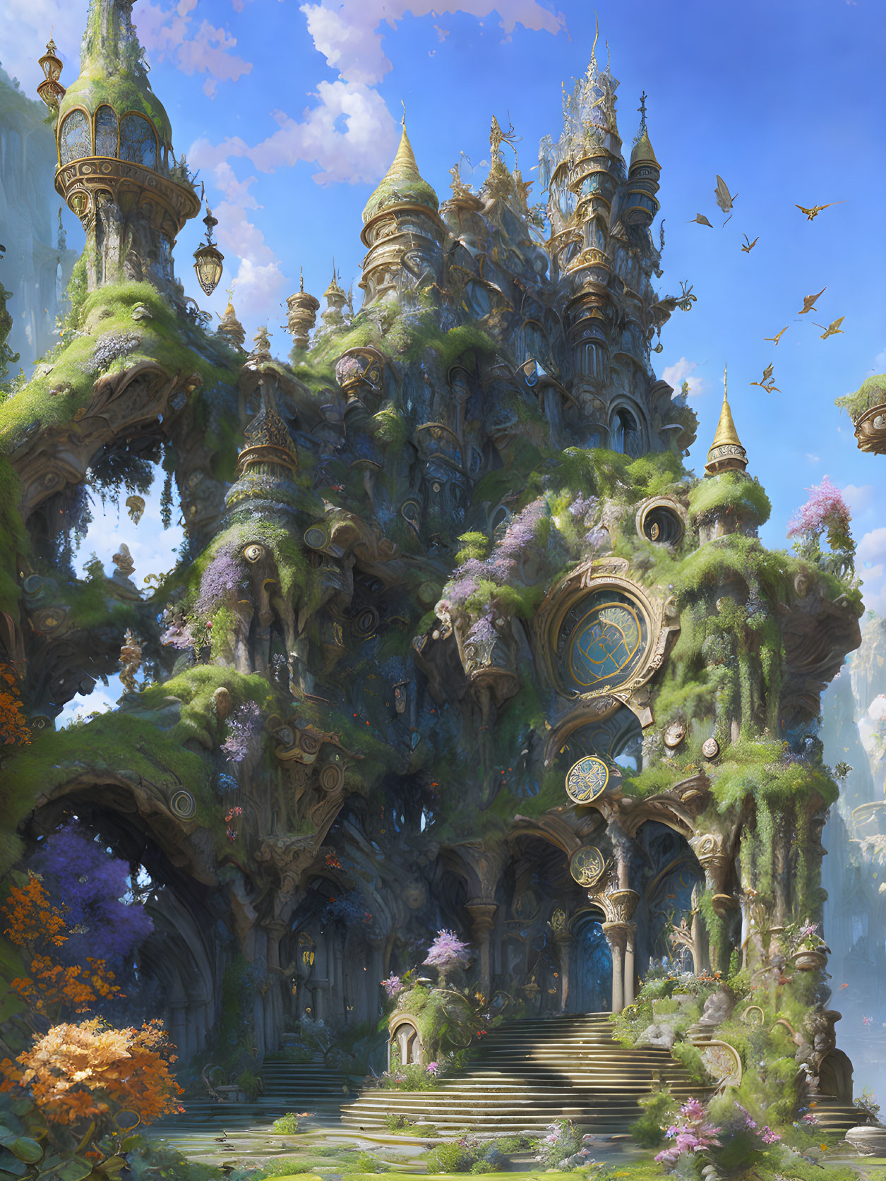 Intricate Fantasy Castle with Towers in Lush Greenery