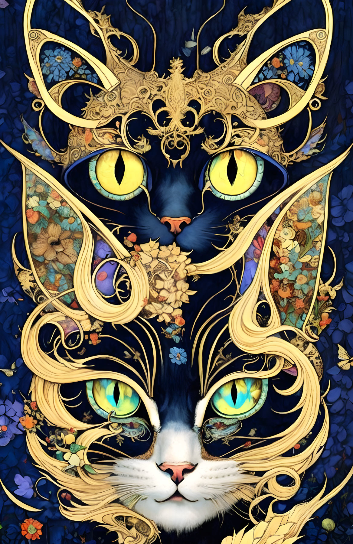 Ornate stylized cats with golden patterns on vibrant floral backdrop