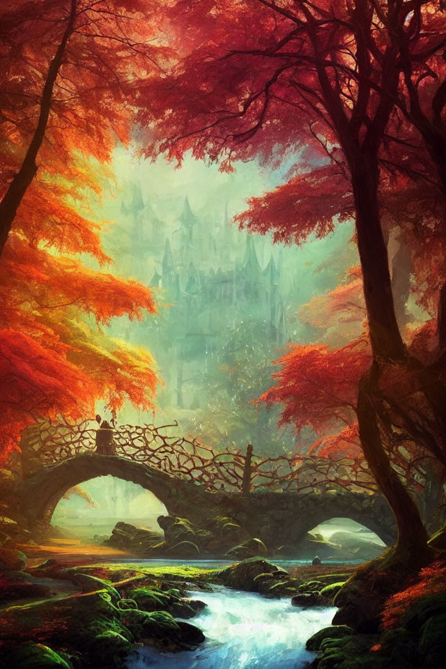 Mystical autumn forest with stone bridge, red leaves, and castle in mist