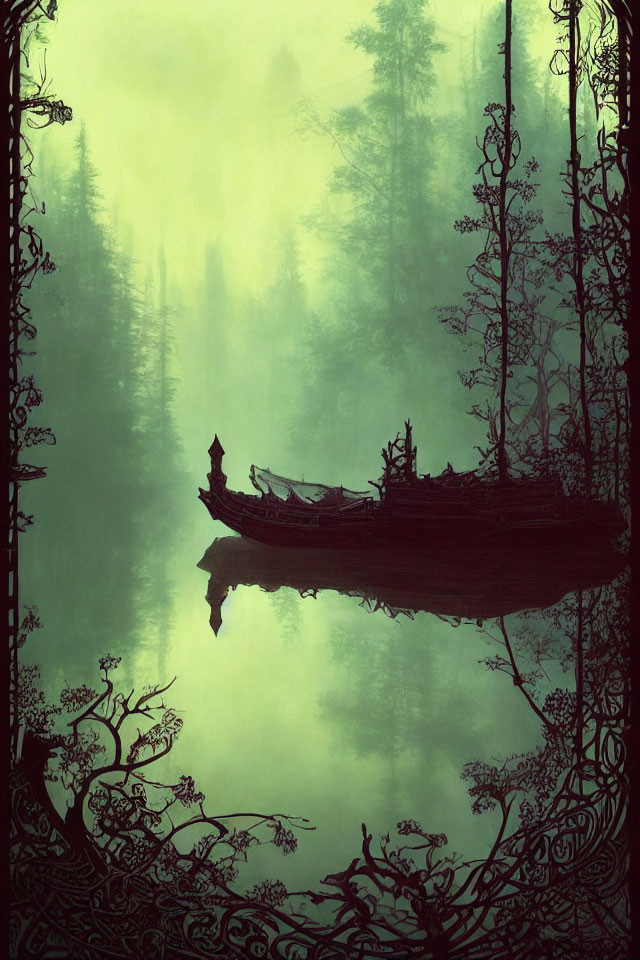 Green-tinted misty forest with intricate branch silhouettes and serene water reflection