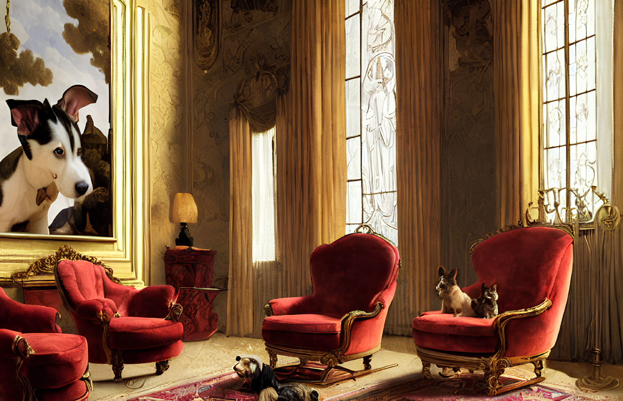 Elegant Red Chairs and Dog-Themed Decor in Luxurious Room