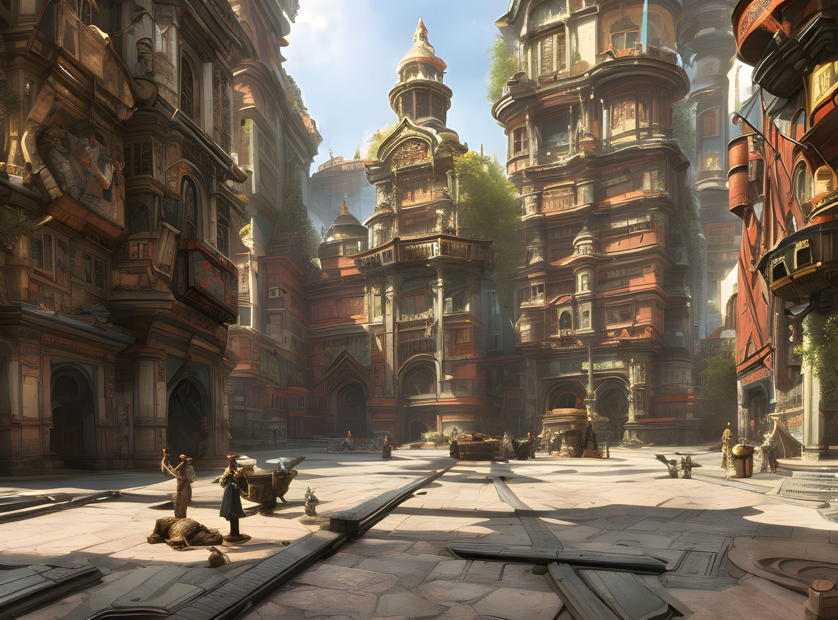 Detailed fantasy cityscape with ornate buildings and bustling figures.