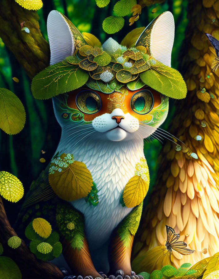 Vibrant digital artwork of anthropomorphic cat with ornate headgear in lush green setting