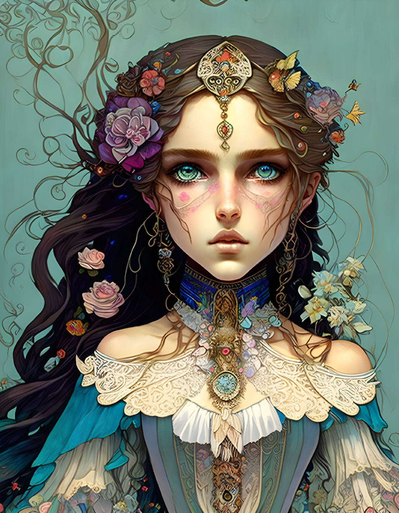 Fantasy female character digital portrait with intricate jewelry and floral elements