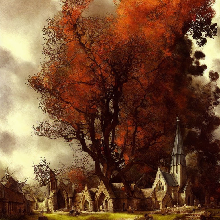 Vibrant orange tree over quaint village and church in autumn scene