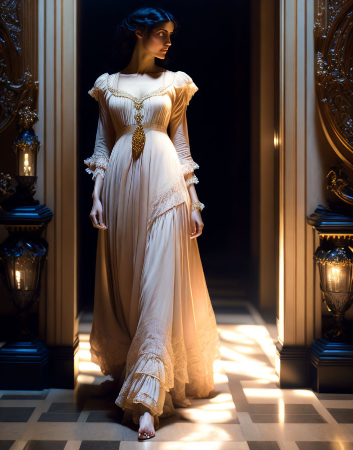 Elegant vintage dress on woman in dimly lit corridor