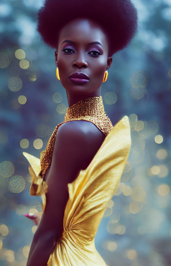 Elegant woman with afro hairstyle in gold dress and hoop earrings